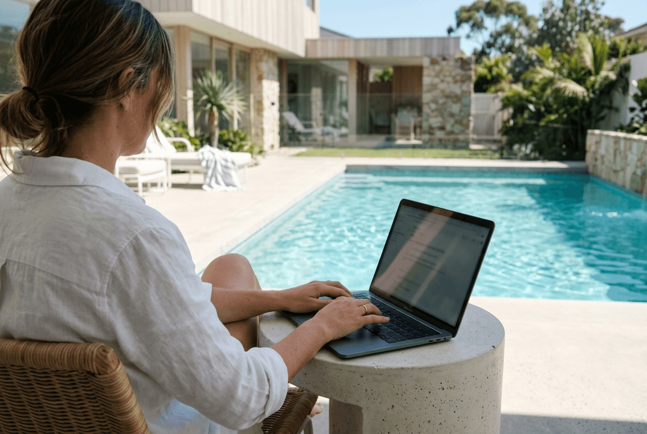 Professional completing an affiliate application on a laptop beside a premium swimming pool