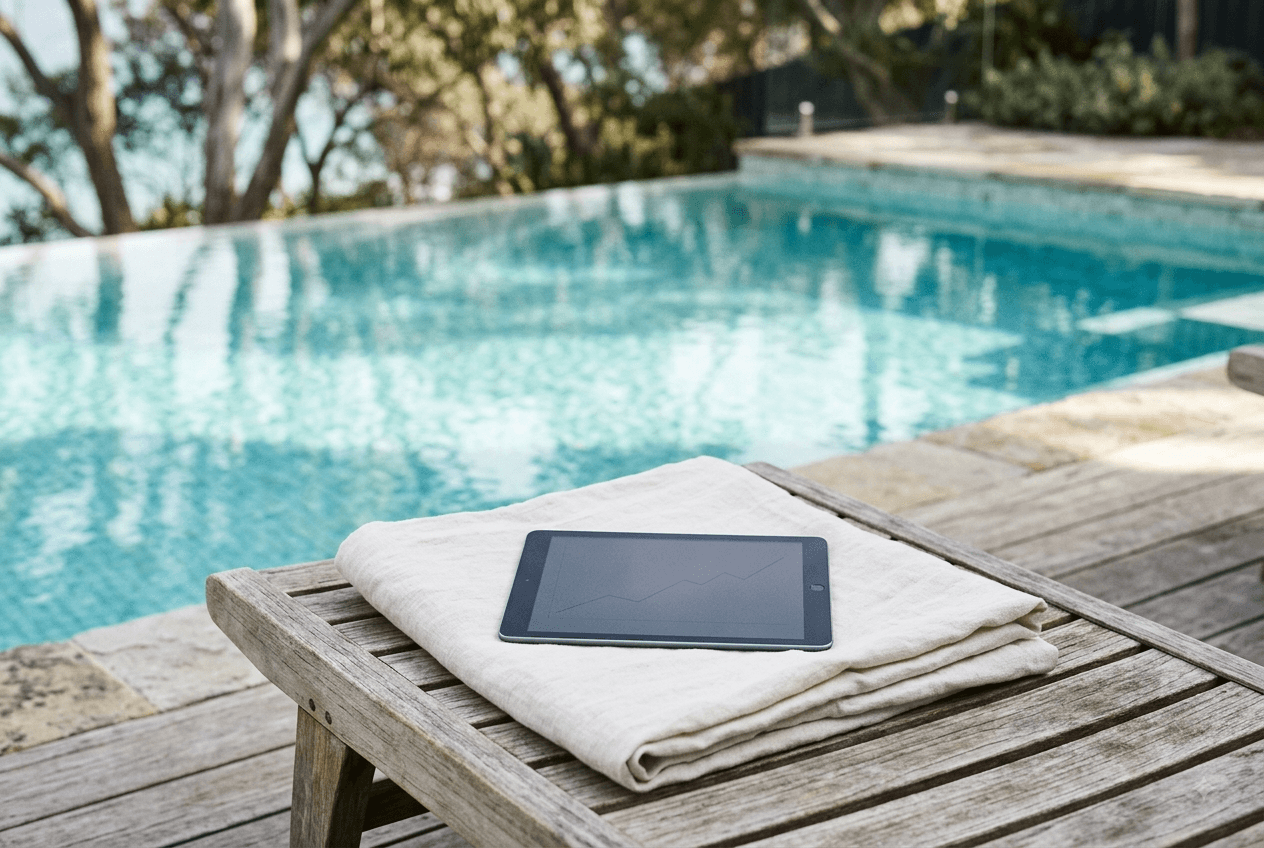 Tablet displaying performance analytics on a poolside lounger in an Australian garden