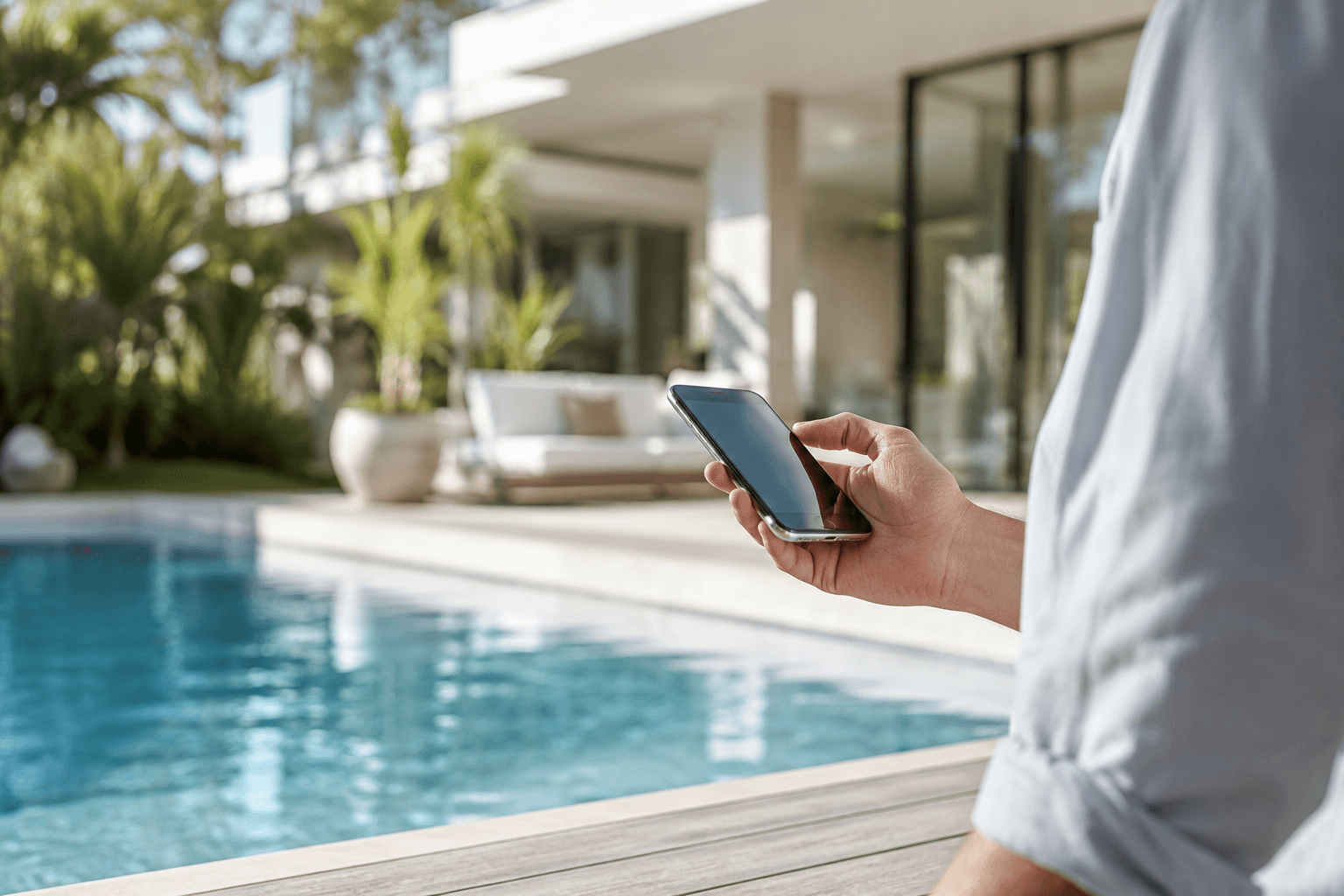 Person sharing a referral link on their smartphone at a luxury poolside setting