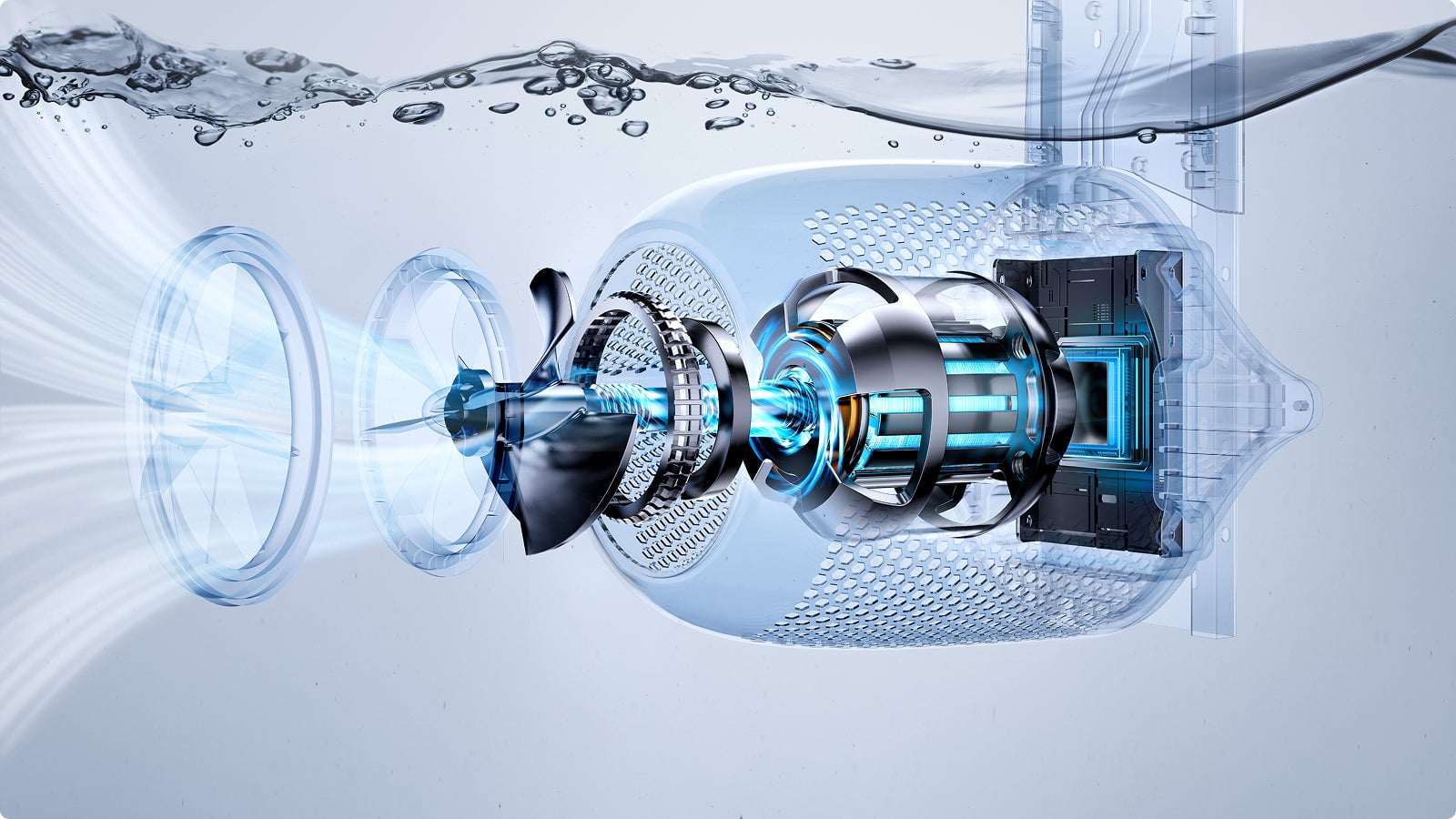 Exploded engineering view of the Swim Jets Australia InverTurbo motor, impeller and flow channel