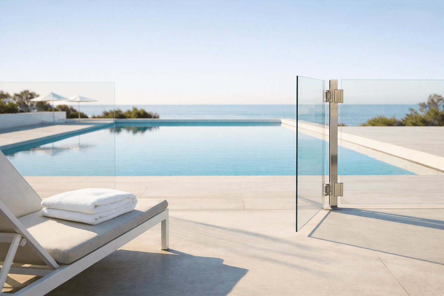 Luxury infinity pool overlooking the ocean with a sun lounger on a clean stone terrace