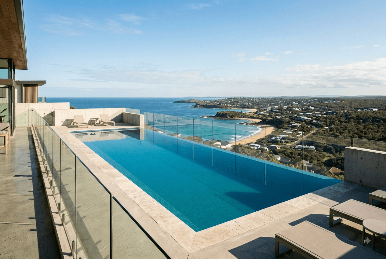 Panoramic infinity pool at an Australian hilltop property overlooking a coastal landscape