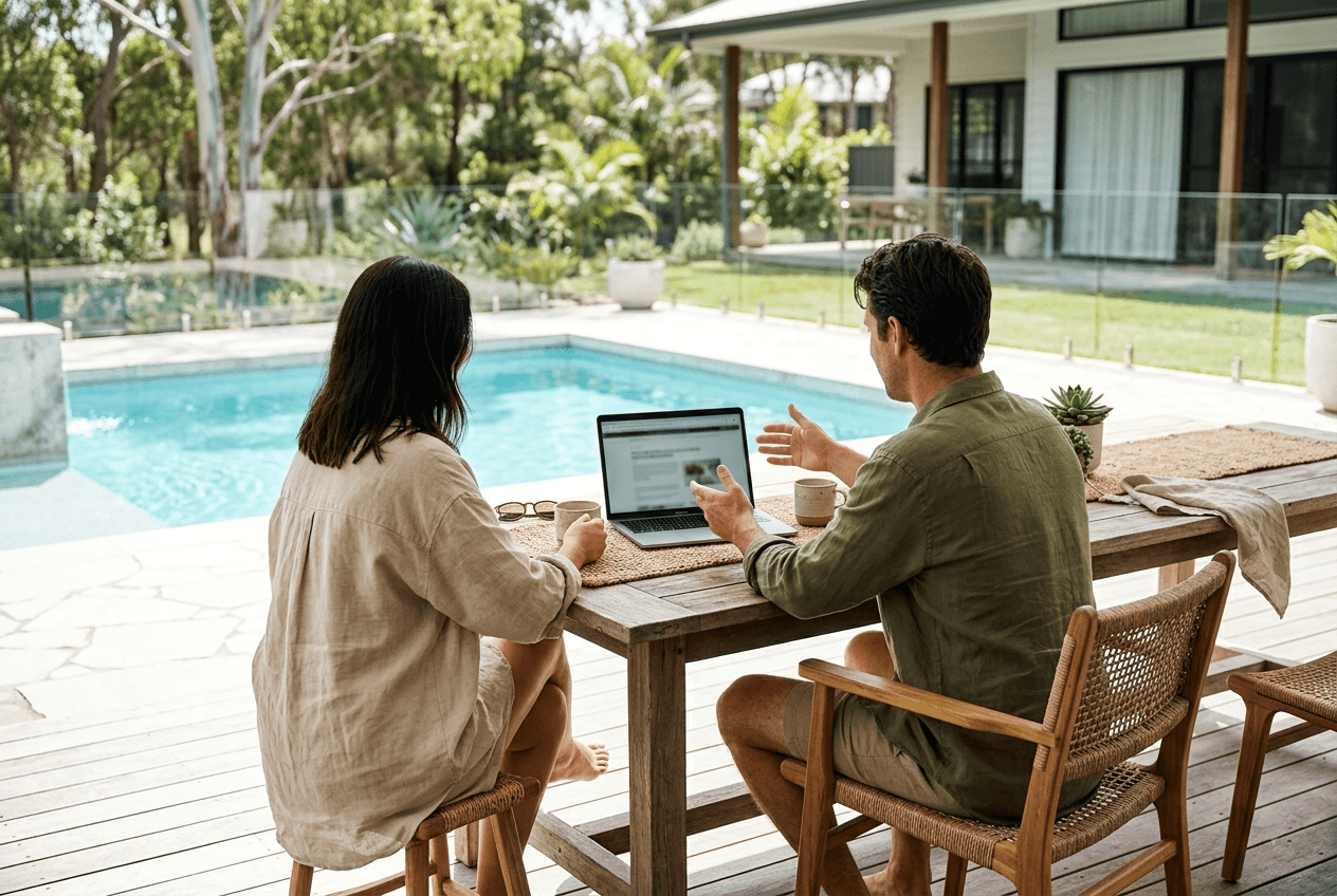Two professionals reviewing marketing materials on a laptop at an outdoor table by a pool